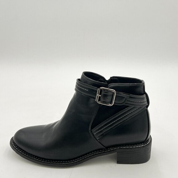 Black Women Side Zip Closed Toe Block Heel Buckle Strappy Ankle Boots Dress Shoe - Picture 1 of 6